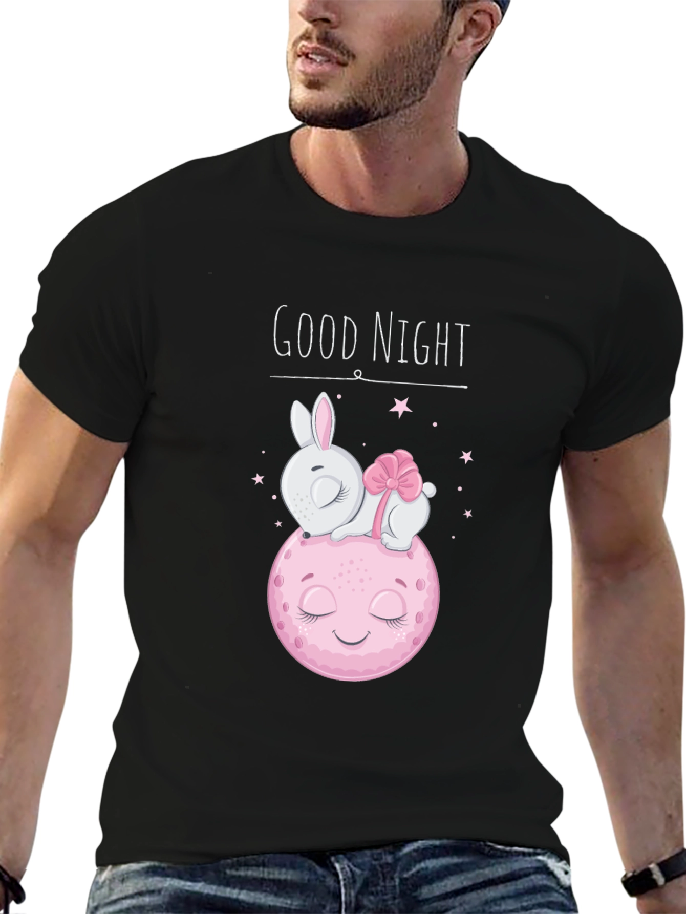 Cute Good Night Bunny & Moon Black T-Shirt