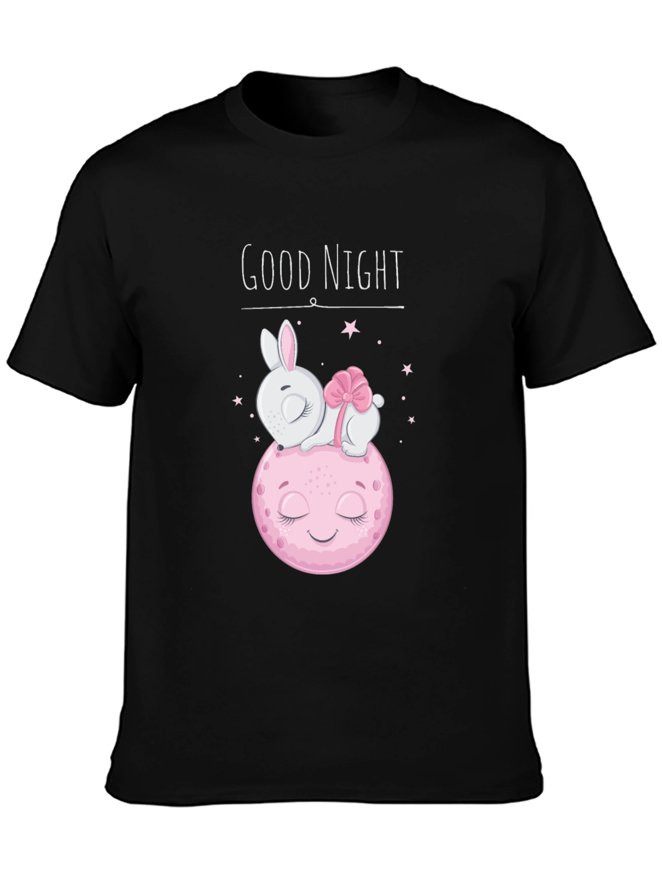 Cute Good Night Bunny & Moon Black T-Shirt
