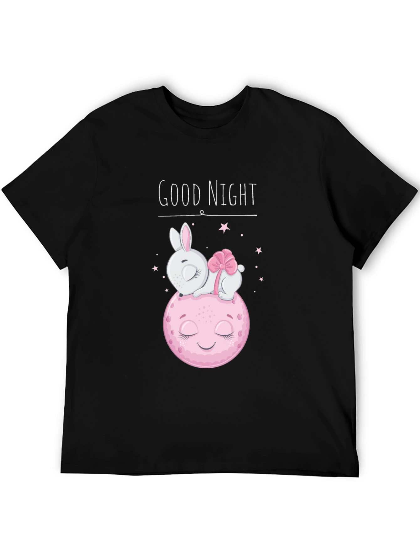 Cute Good Night Bunny & Moon Black T-Shirt