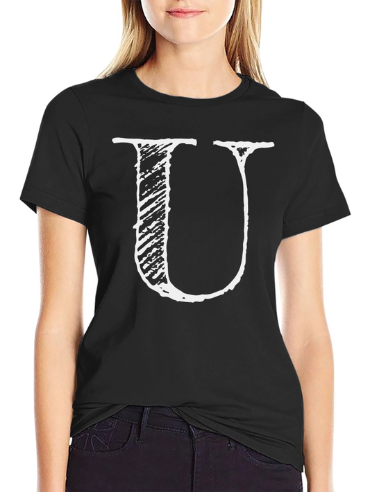 Distressed Letter U Graphic Tee - Black Cotton