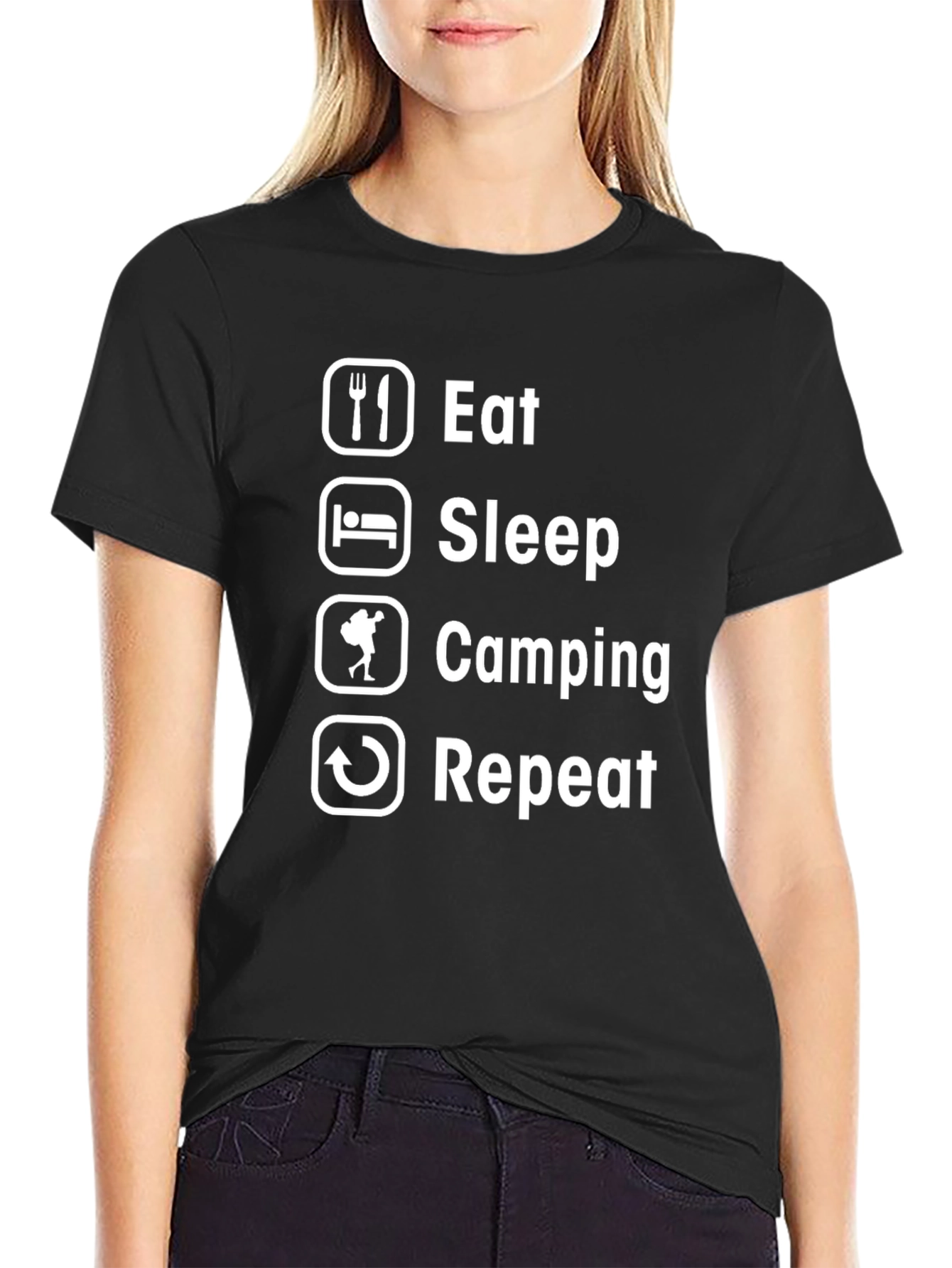 Eat Sleep Camping Repeat Graphic T-Shirt - Black