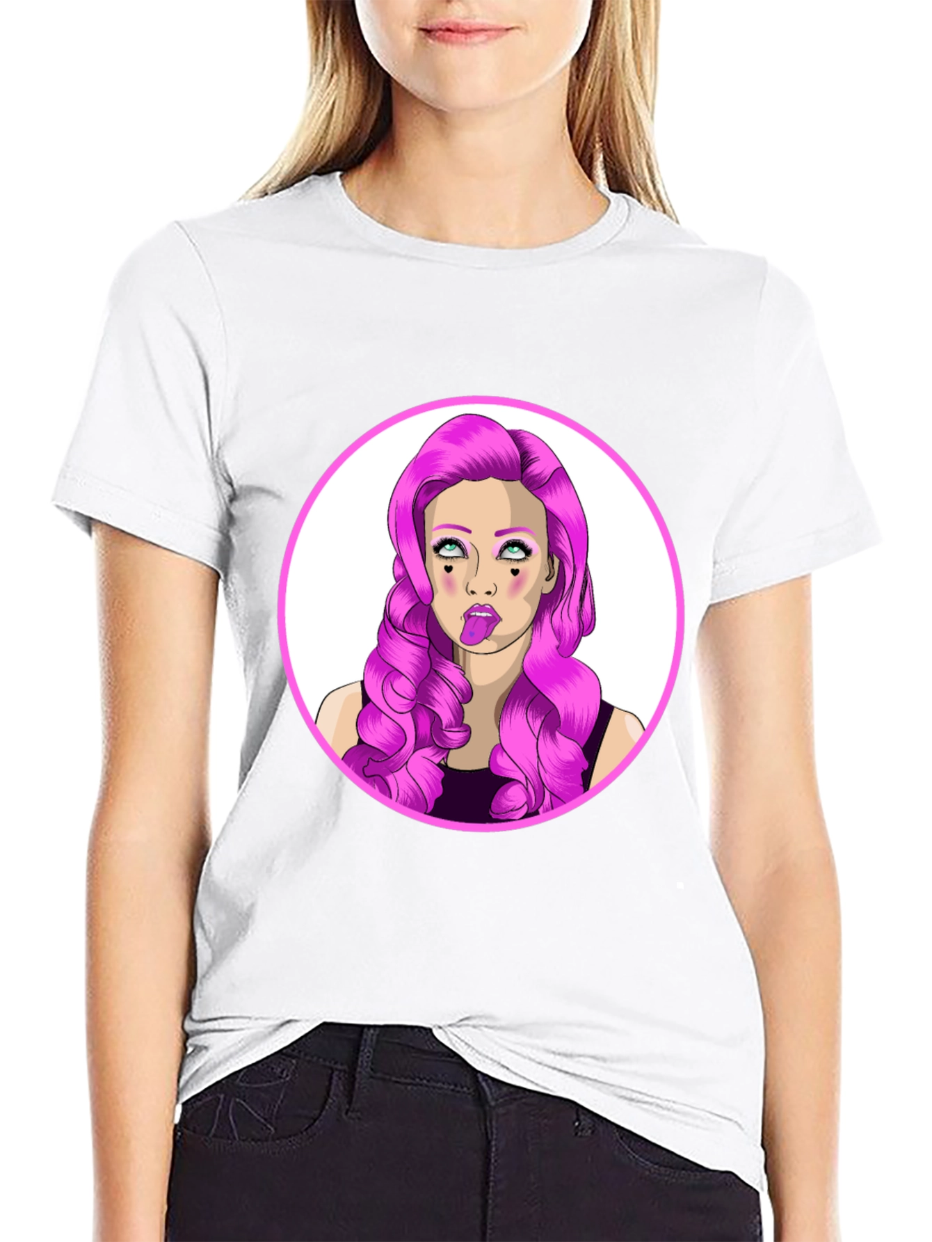 Funky Cartoon Woman Graphic Black T-Shirt