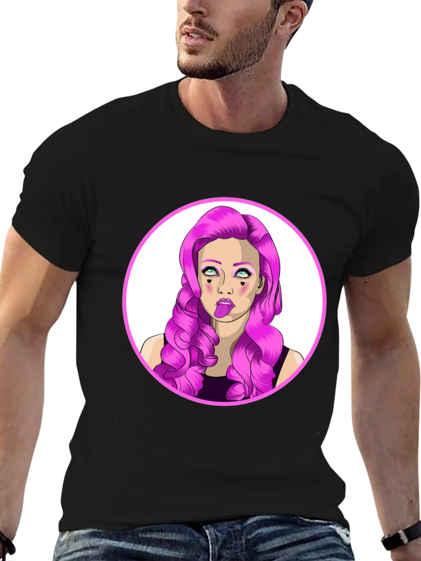 Funky Cartoon Woman Graphic Black T-Shirt