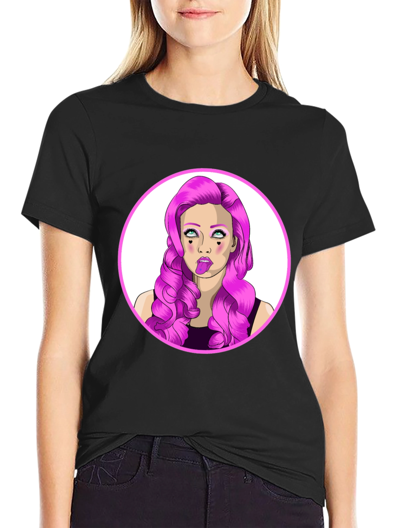 Funky Cartoon Woman Graphic Black T-Shirt