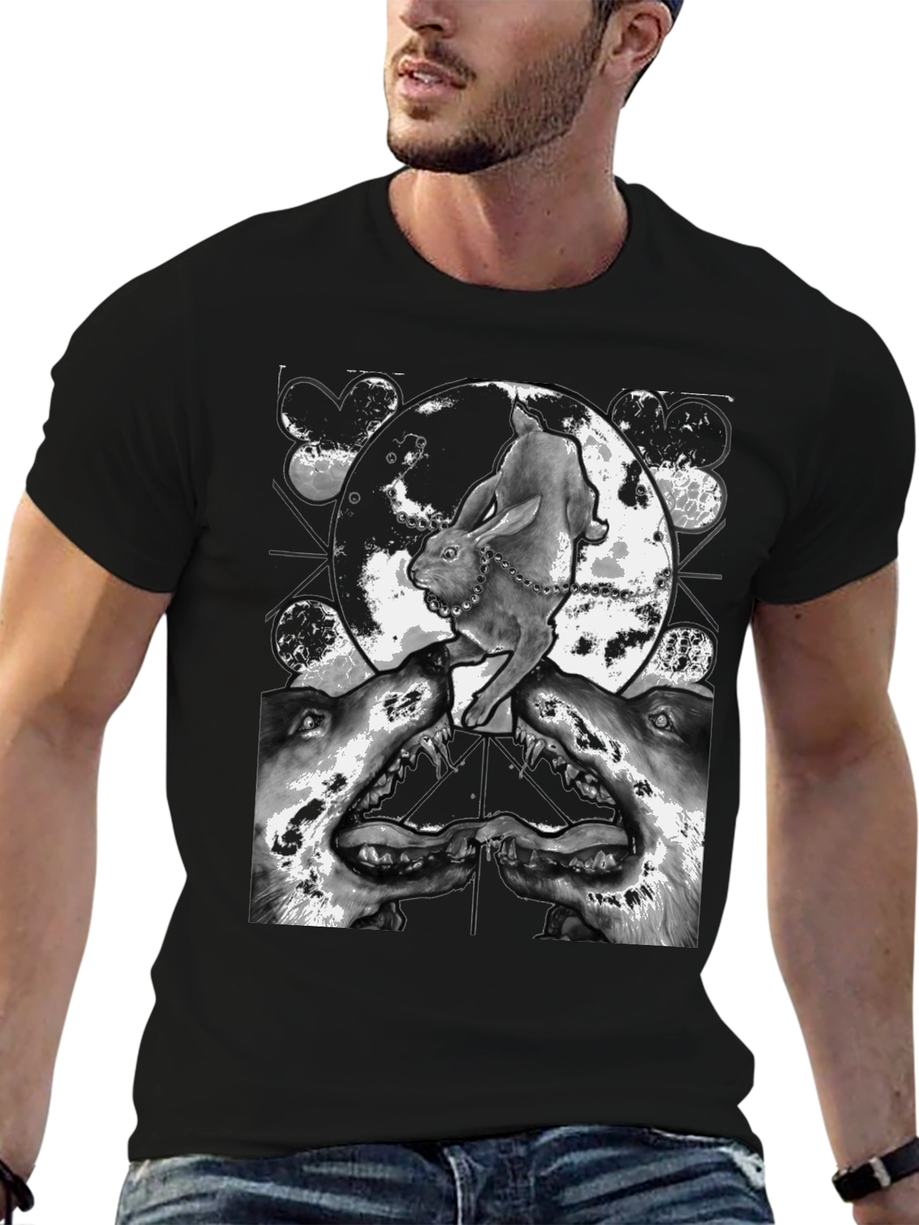 Rabbit Wolf and Moon Graphic T-Shirt