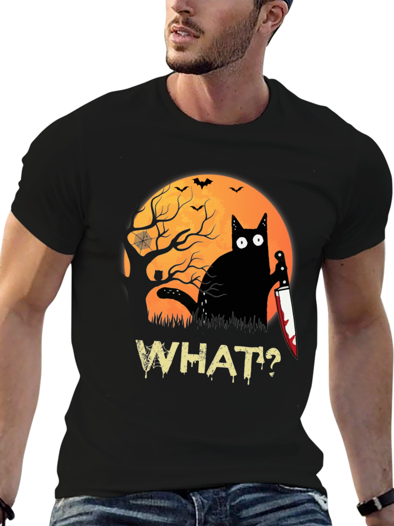 Halloween Black Cat T-Shirt - Funny Cat with Knife
