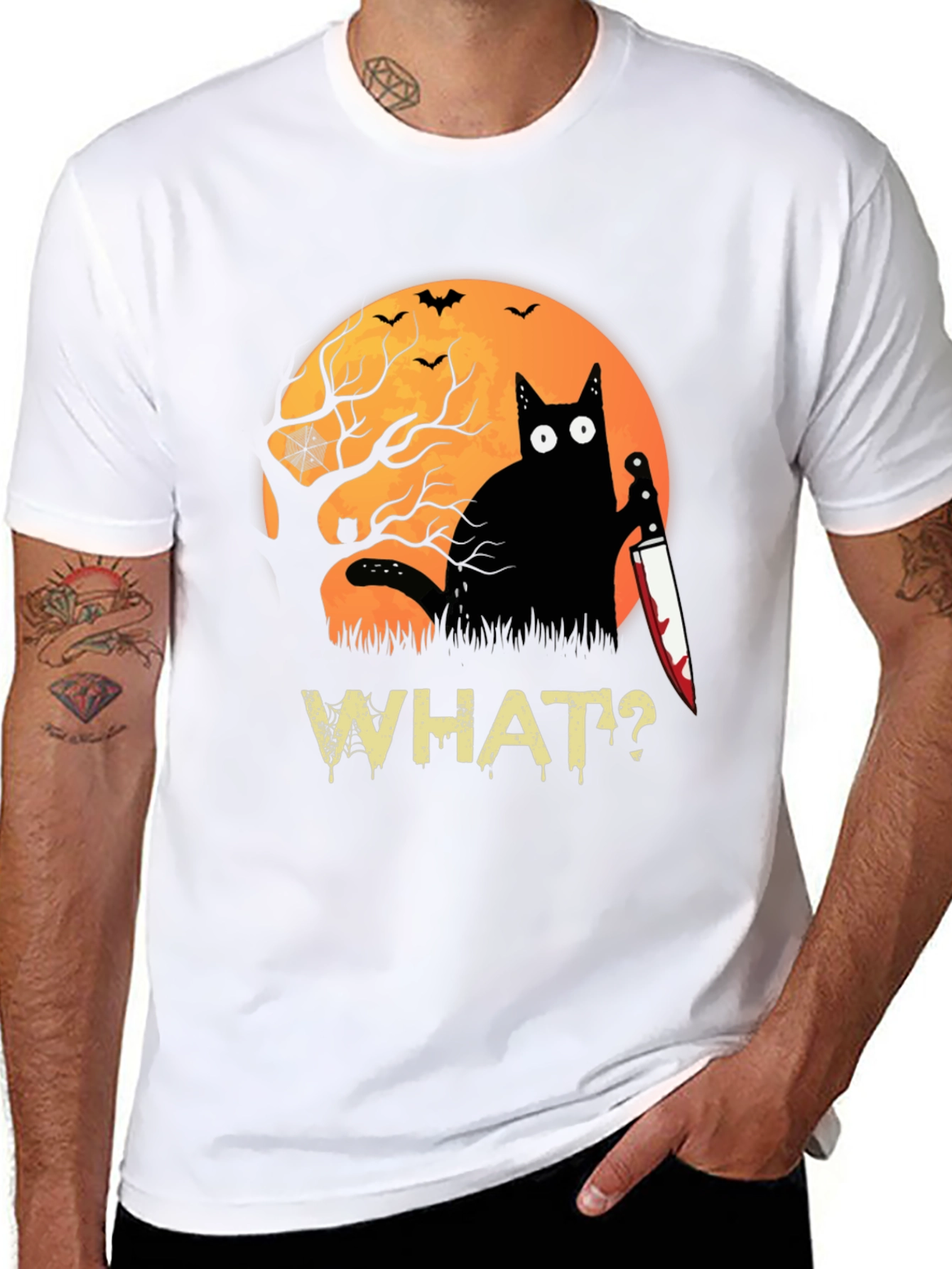Halloween Black Cat T-Shirt - Funny Cat with Knife