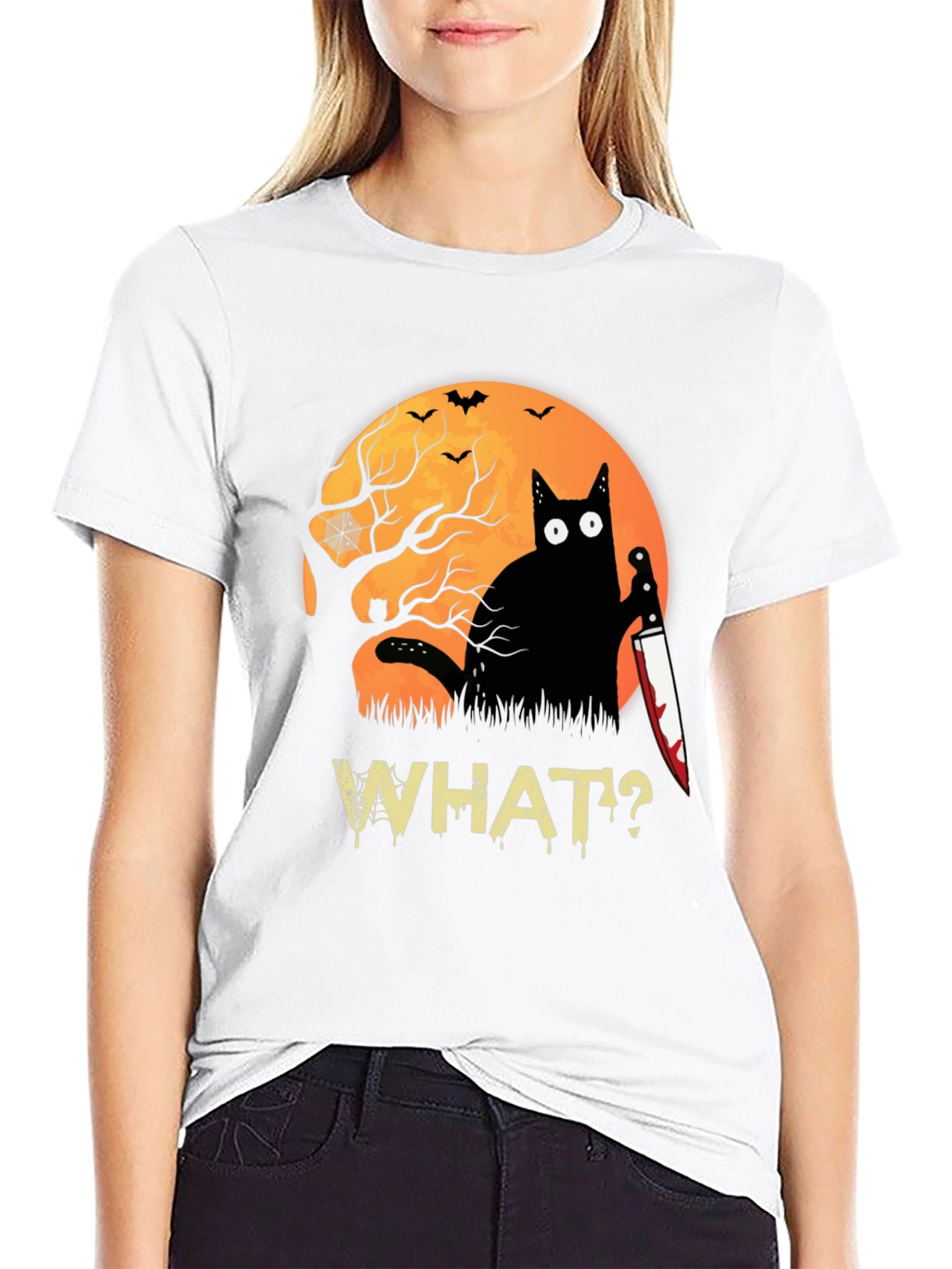 Halloween Black Cat T-Shirt - Funny Cat with Knife