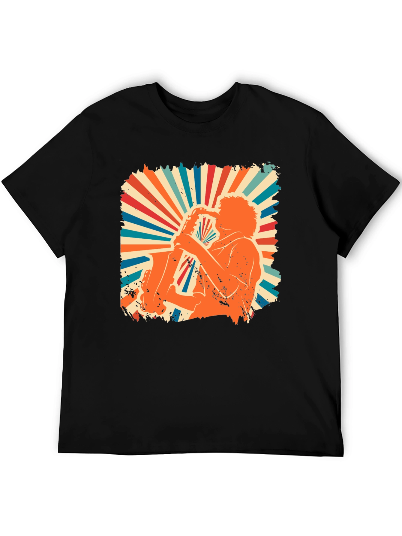 Retro Saxophone Player Graphic Tee - Black Cotton Shirt
