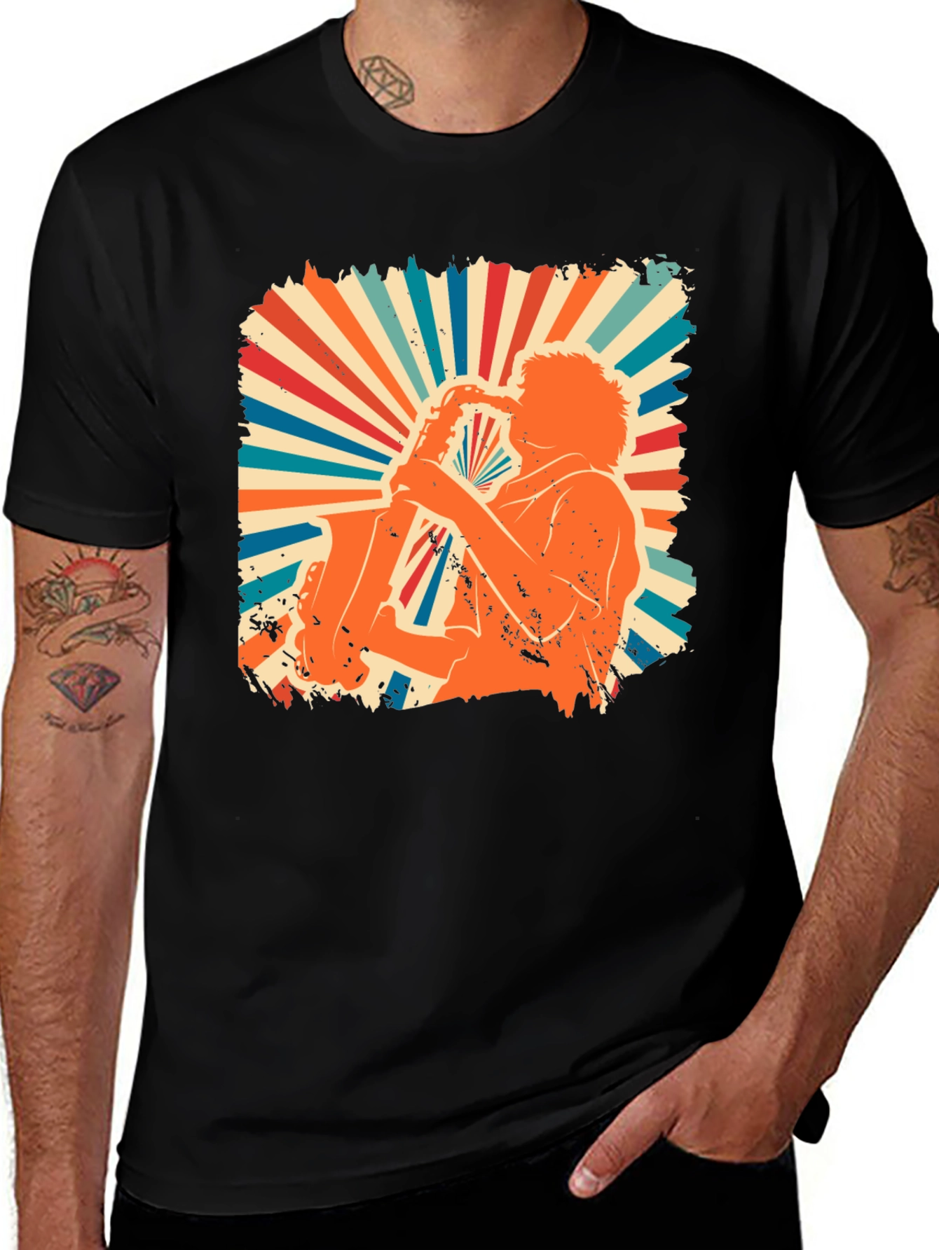 Retro Saxophone Player Graphic Tee - Black Cotton Shirt