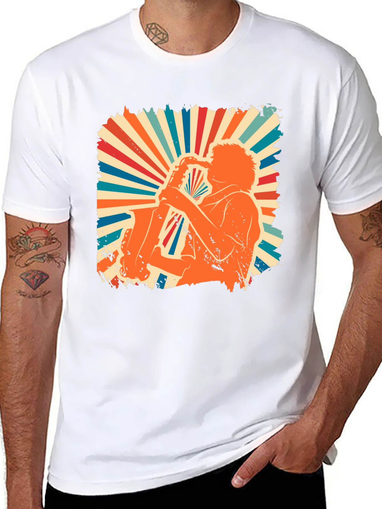 Retro Saxophone Player Graphic Tee - Black Cotton Shirt