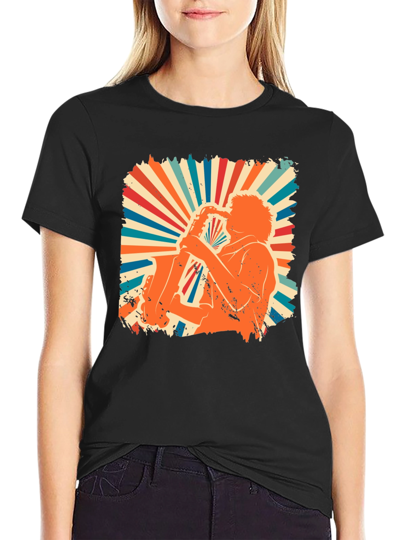 Retro Saxophone Player Graphic Tee - Black Cotton Shirt