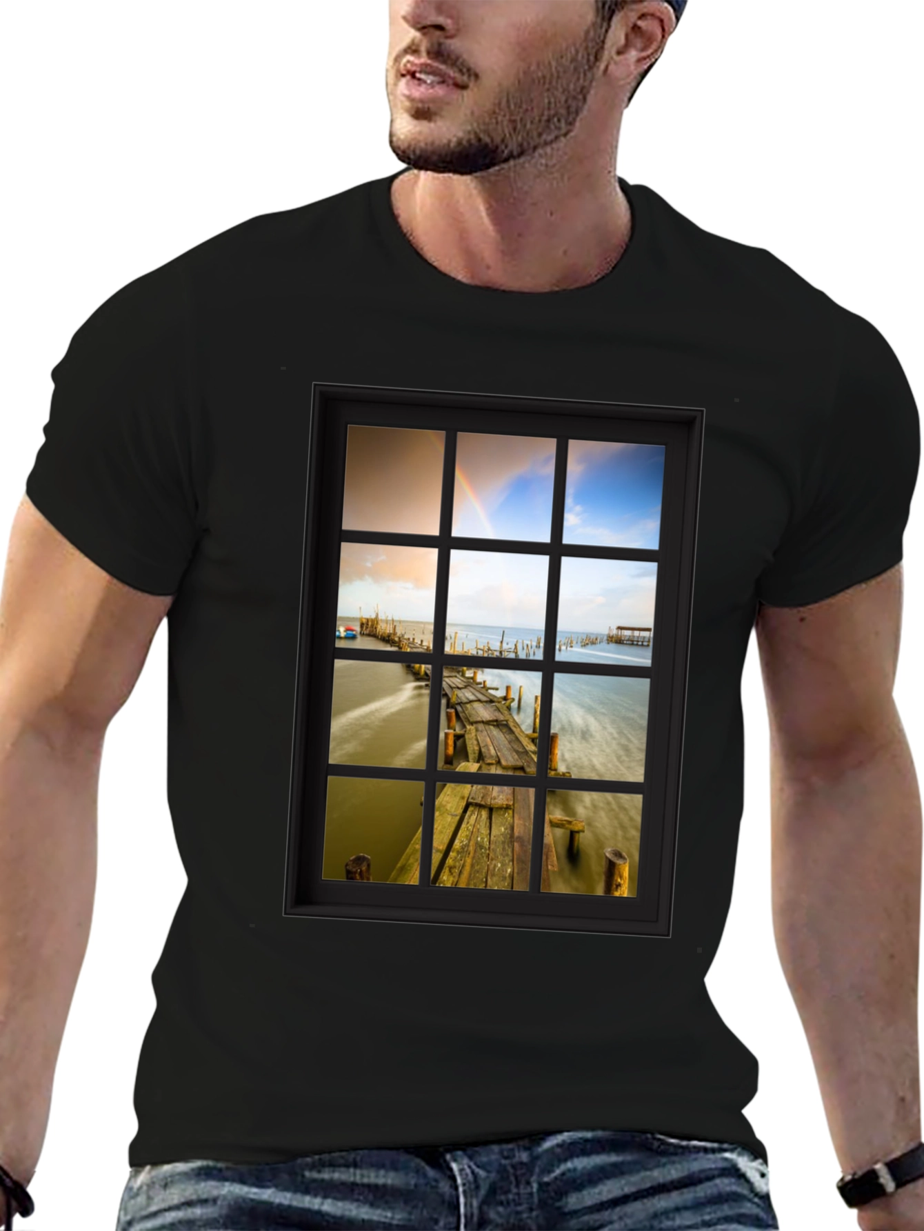 Window View Graphic Tee - Scenic Nature Print T-Shirt