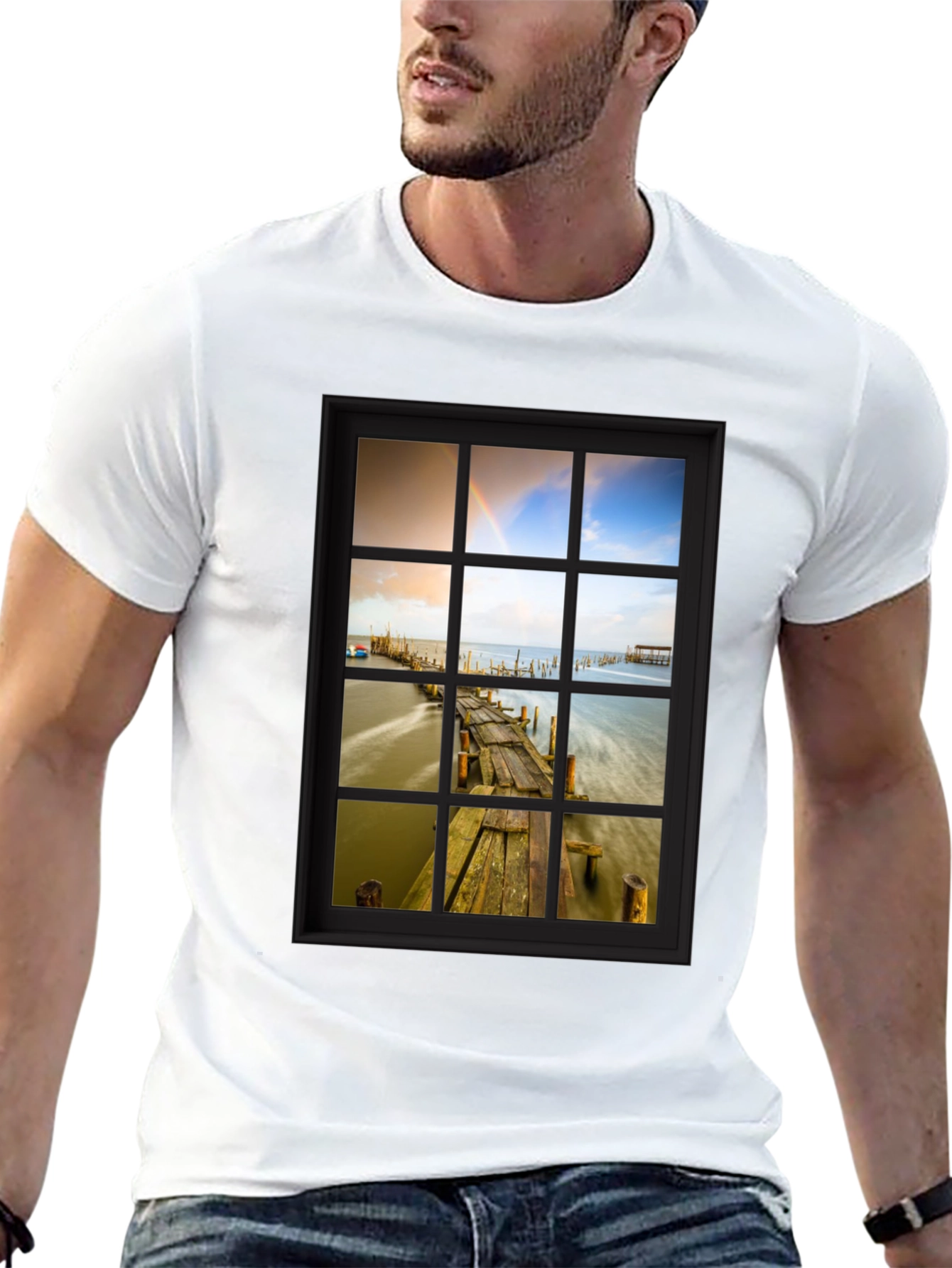 Window View Graphic Tee - Scenic Nature Print T-Shirt