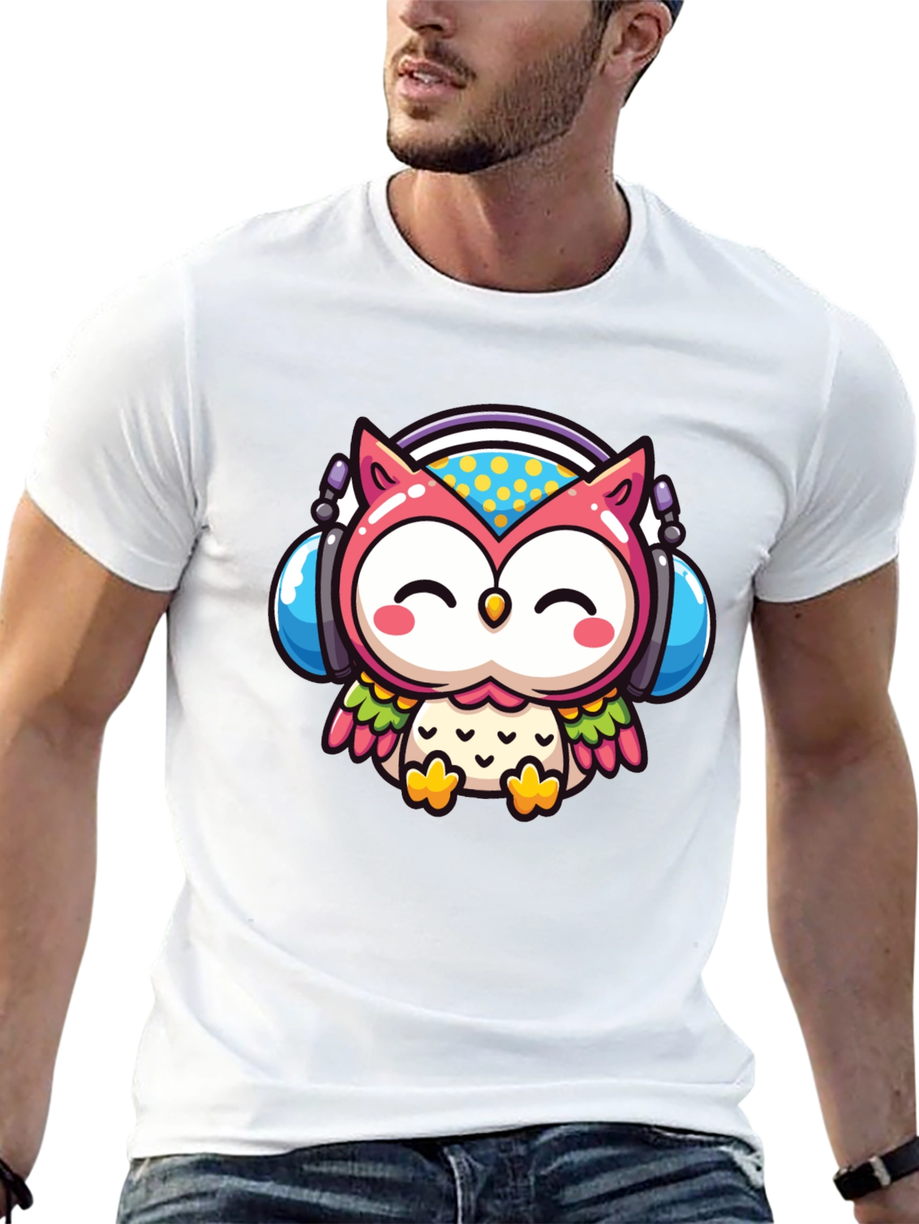 Cute Owl DJ Graphic Tee - Black Cotton T-Shirt