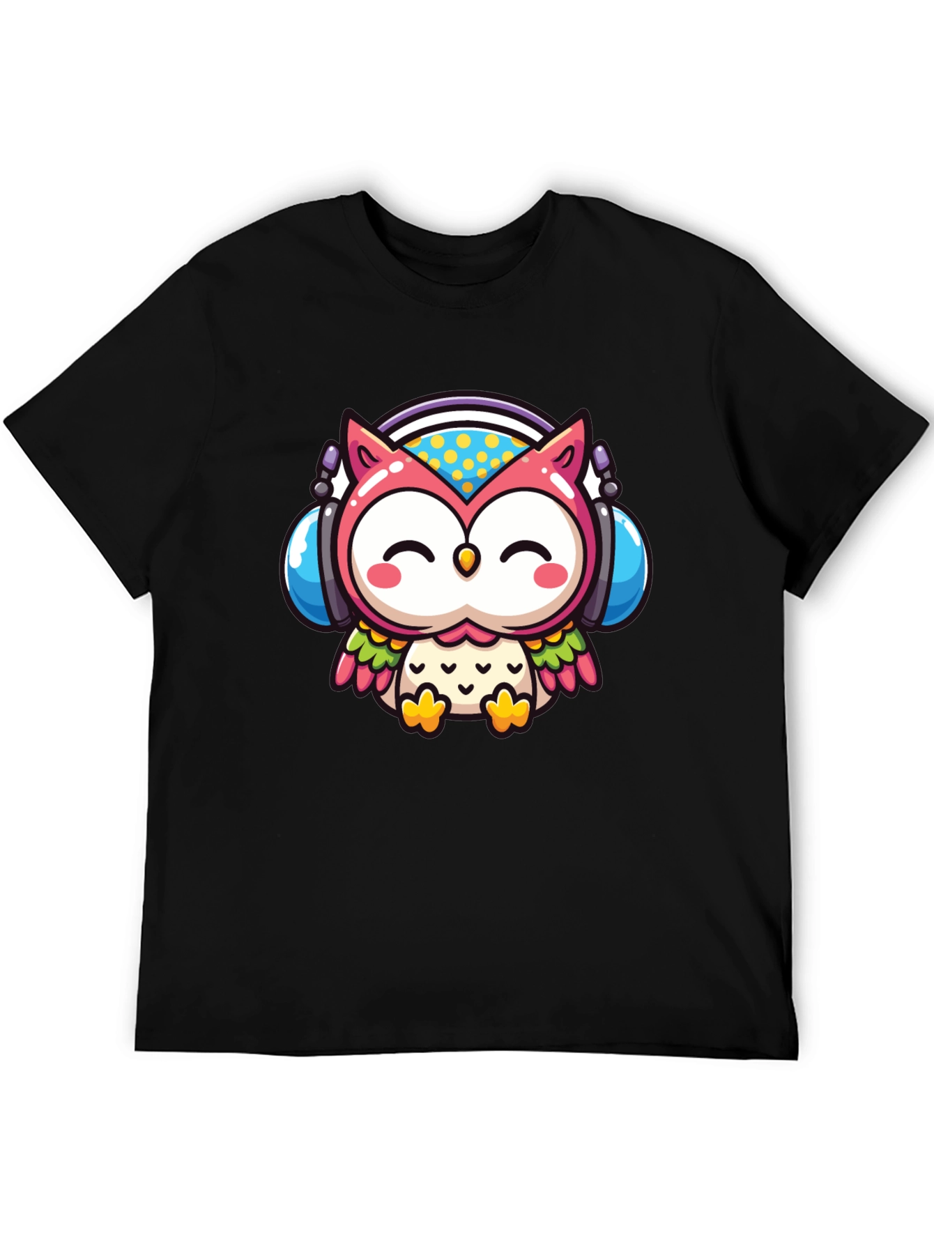 Cute Owl DJ Graphic Tee - Black Cotton T-Shirt