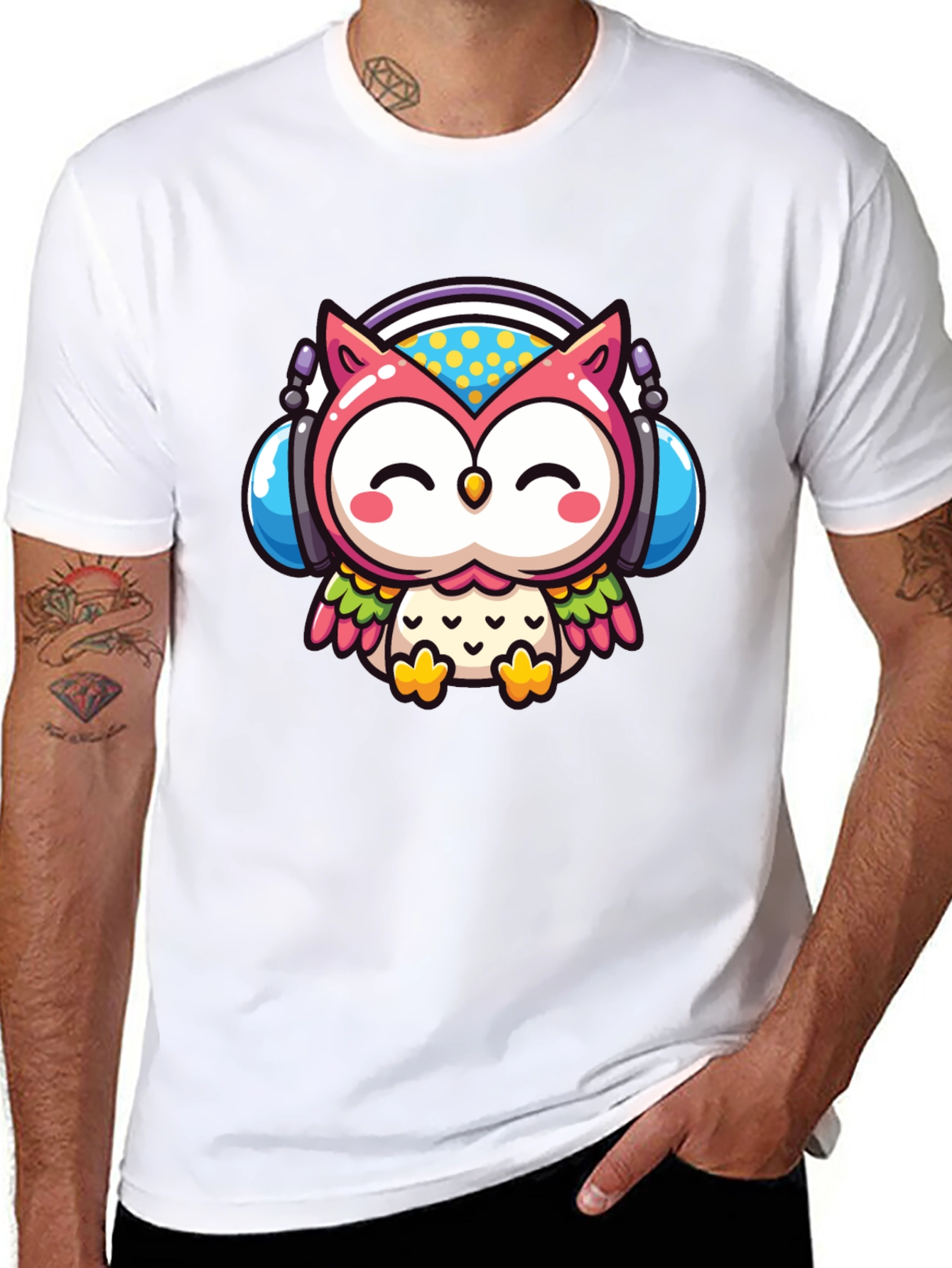 Cute Owl DJ Graphic Tee - Black Cotton T-Shirt