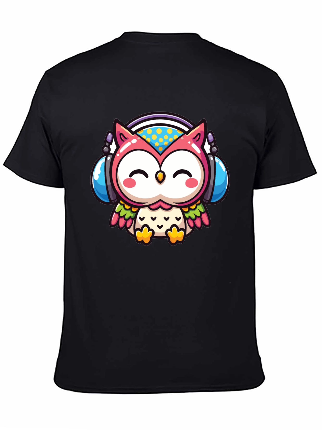 Cute Owl DJ Graphic Tee - Black Cotton T-Shirt