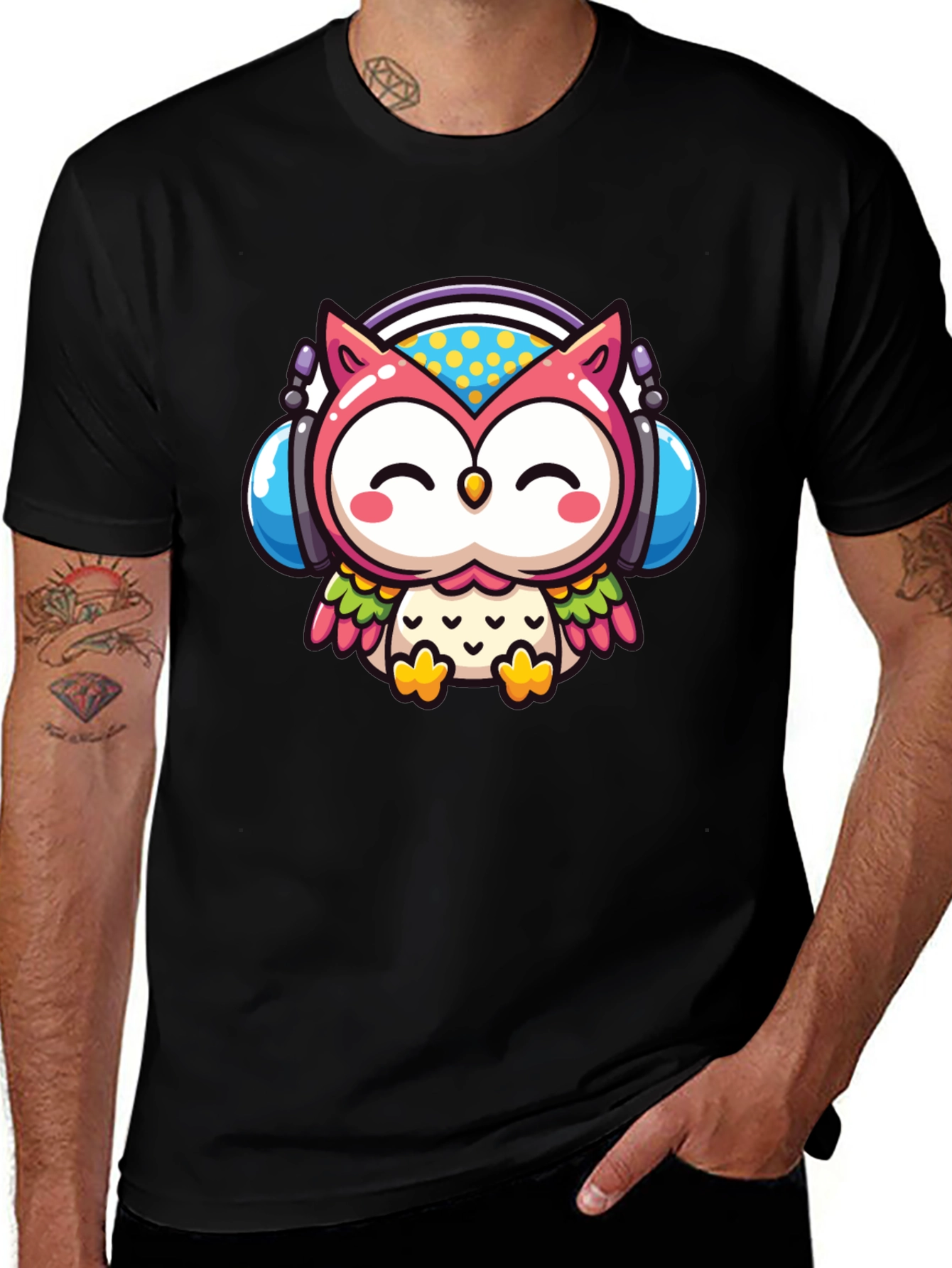 Cute Owl DJ Graphic Tee - Black Cotton T-Shirt