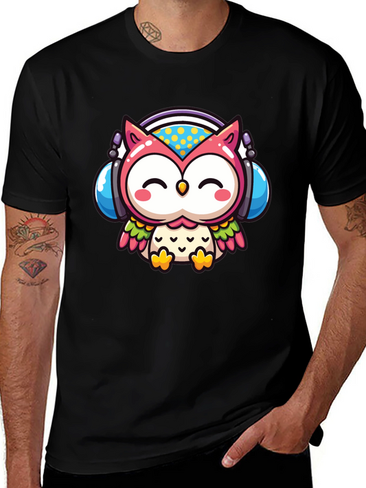 Cute Owl DJ Graphic Tee - Black Cotton T-Shirt