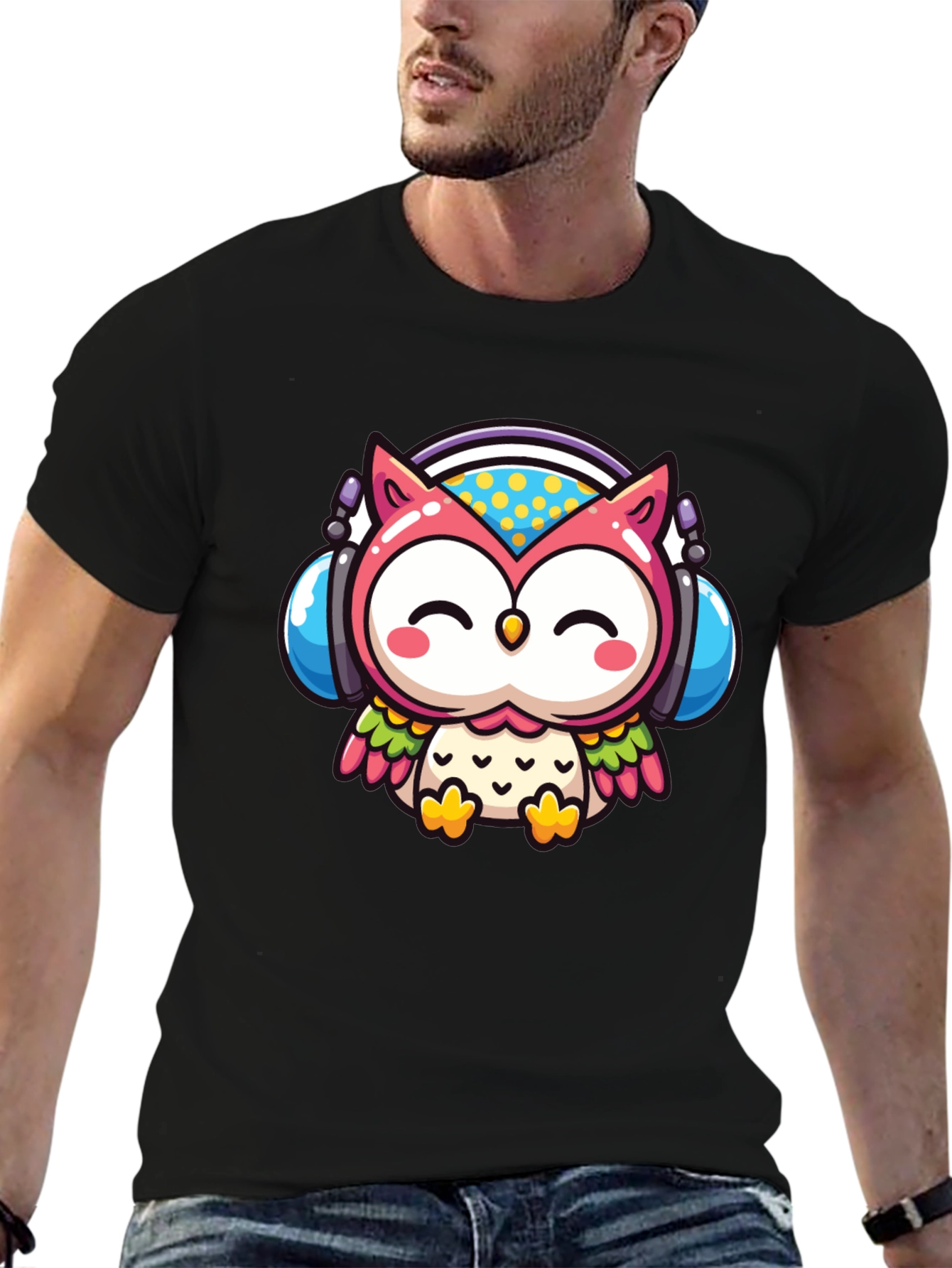 Cute Owl DJ Graphic Tee - Black Cotton T-Shirt