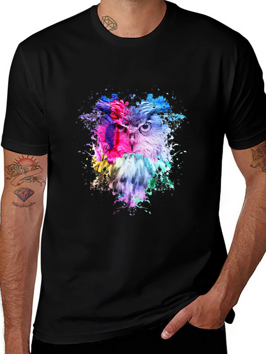 Colorful Owl Graphic Print Black T-Shirt