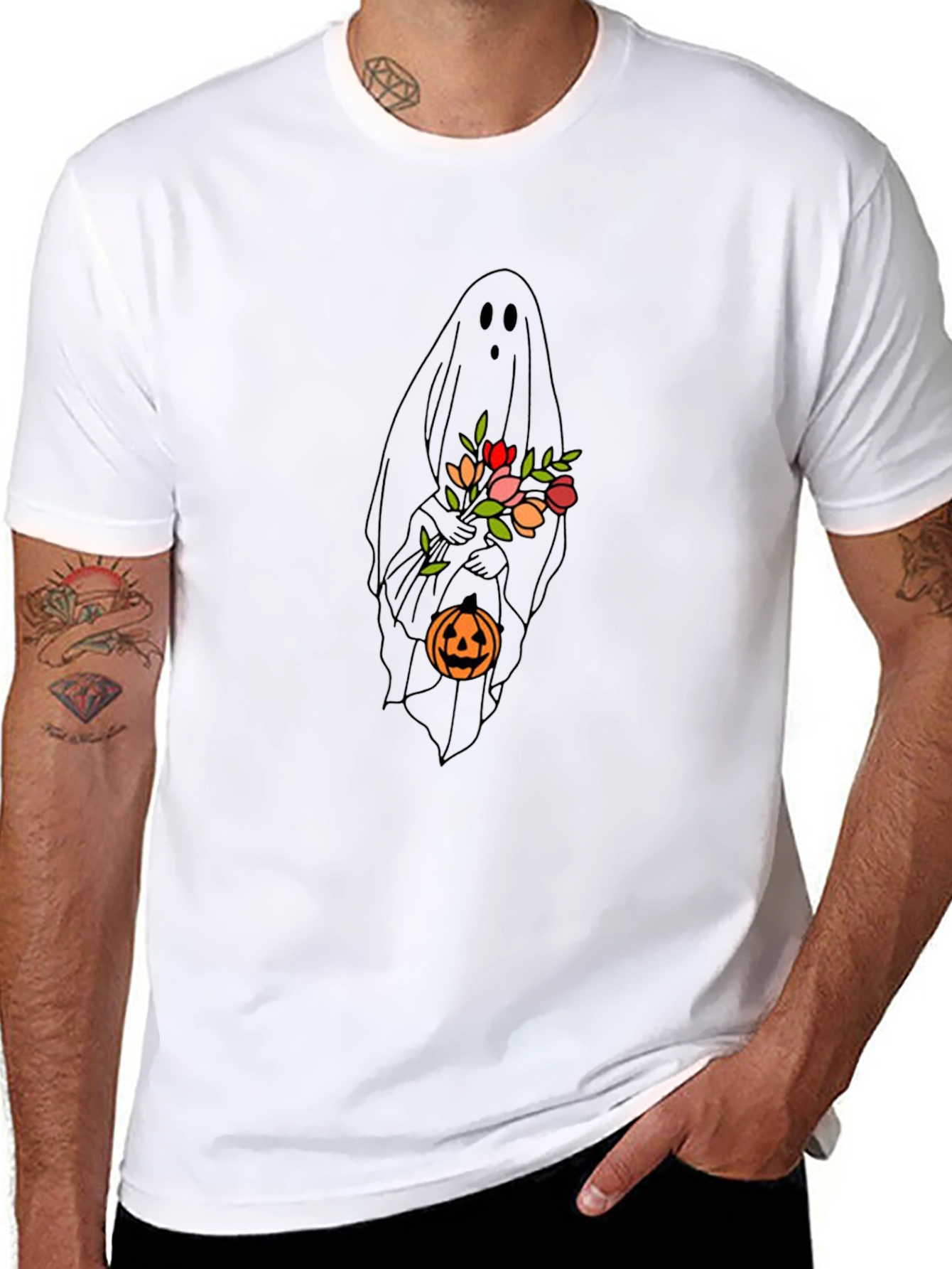 Ghost with Flowers & Pumpkin Black T-Shirt