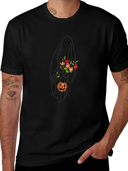 Ghost with Flowers & Pumpkin Black T-Shirt