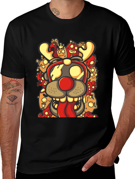 Cartoon Reindeer Graphic Print Black T-Shirt
