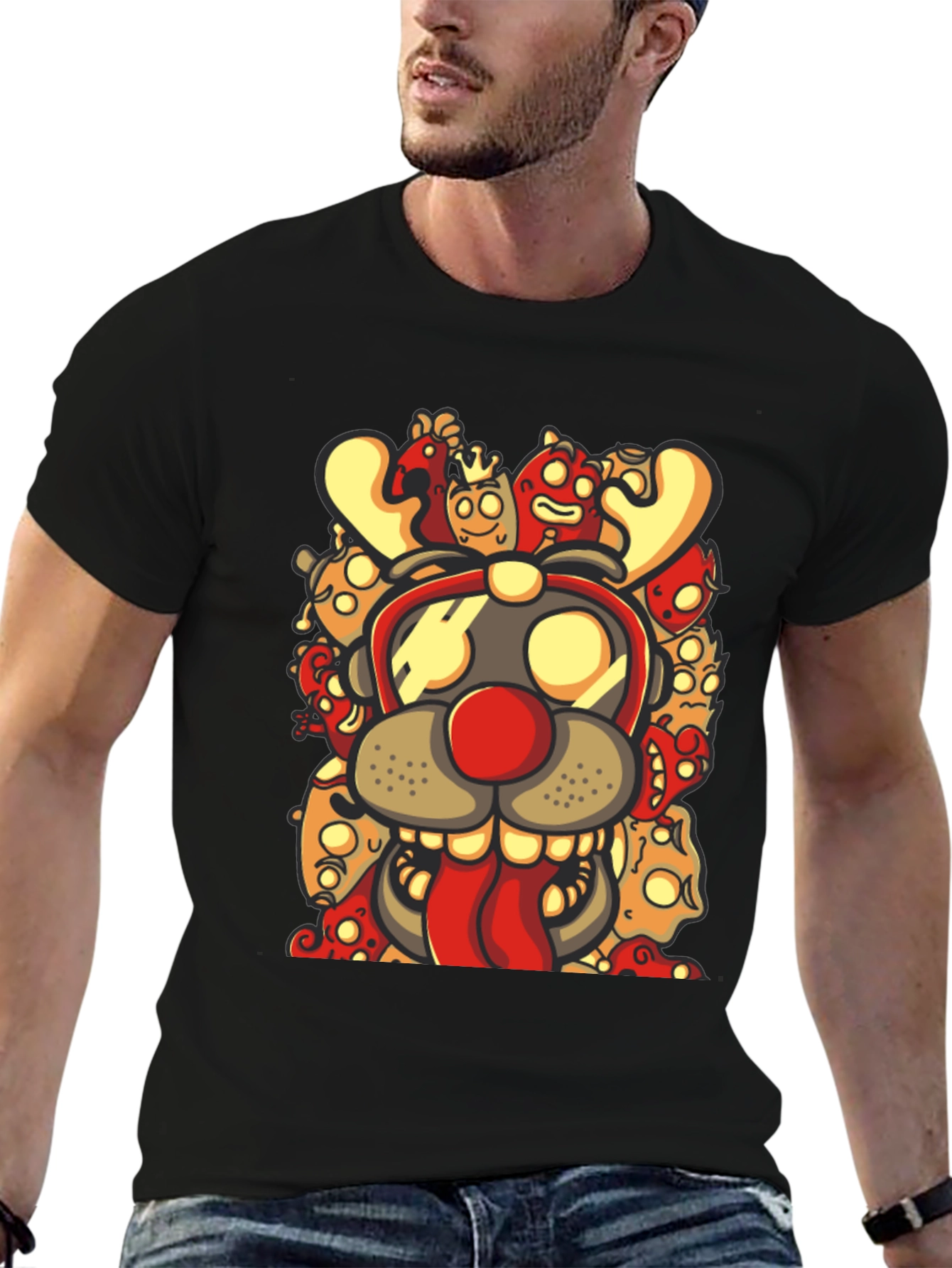 Cartoon Reindeer Graphic Print Black T-Shirt