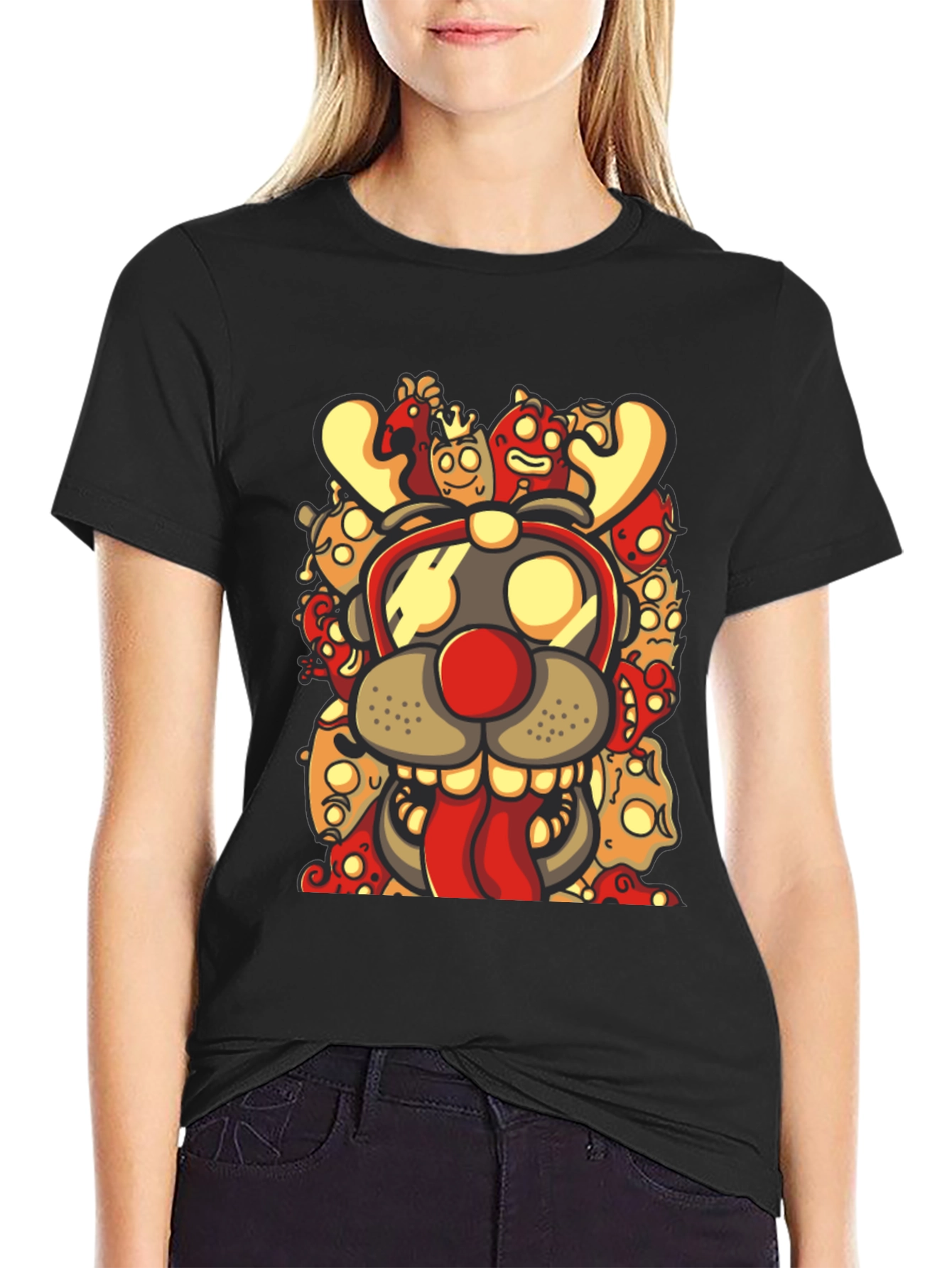 Cartoon Reindeer Graphic Print Black T-Shirt