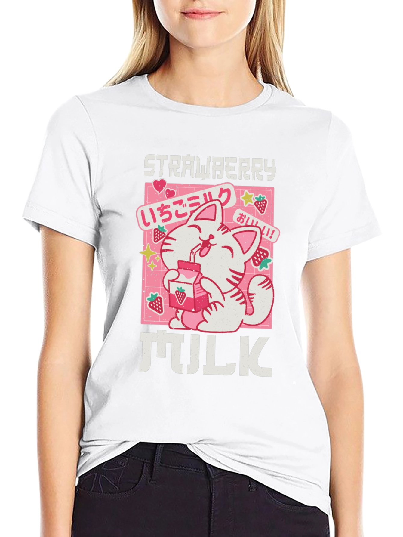 Strawberry Milk Cat T-Shirt - Kawaii Anime Aesthetic