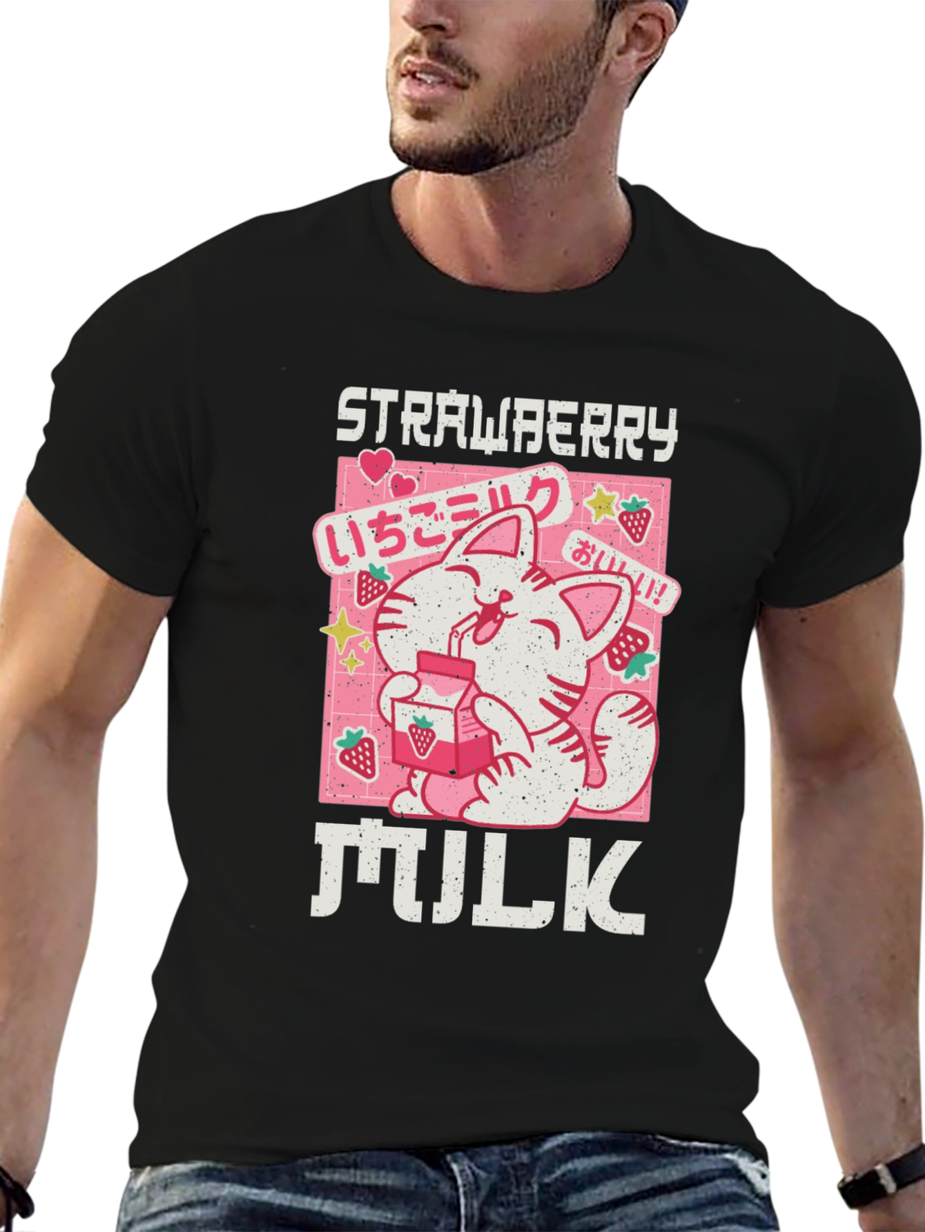 Strawberry Milk Cat T-Shirt - Kawaii Anime Aesthetic