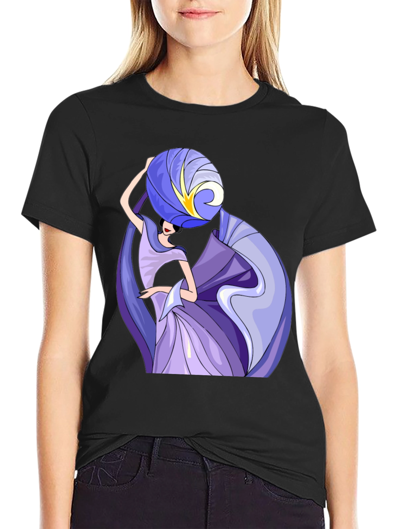 Abstract Art Woman Graphic Tee - Black Cotton T-Shirt