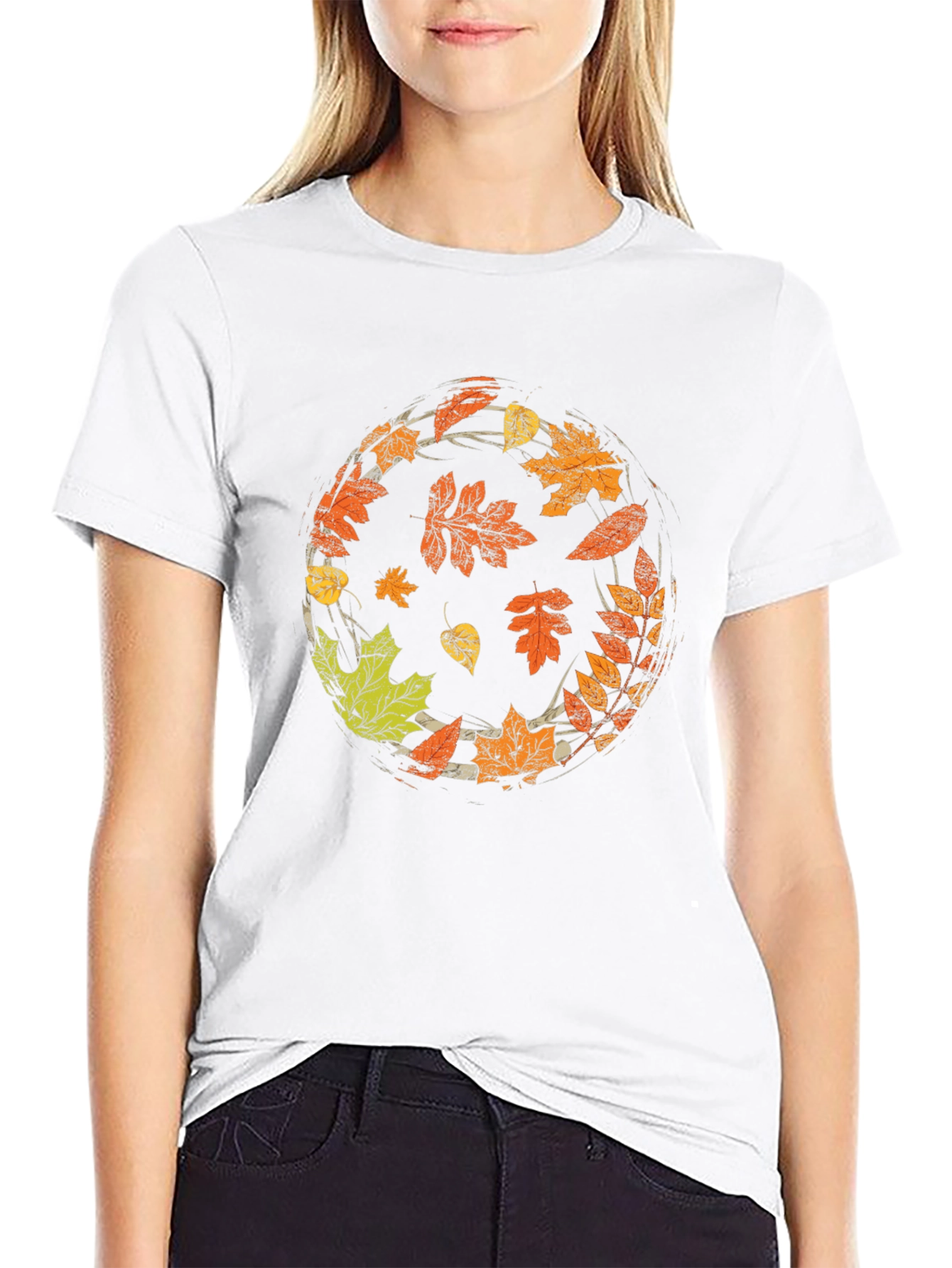 Autumn Leaves Circle Graphic Black T-Shirt