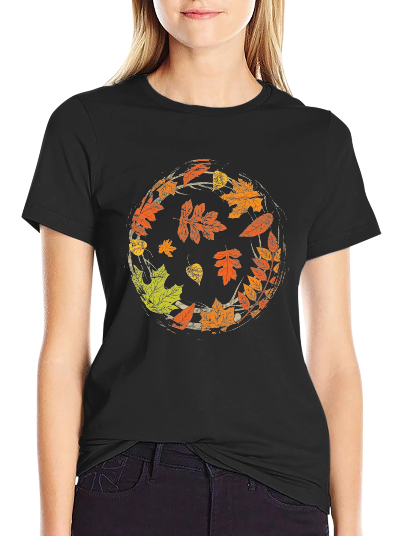 Autumn Leaves Circle Graphic Black T-Shirt