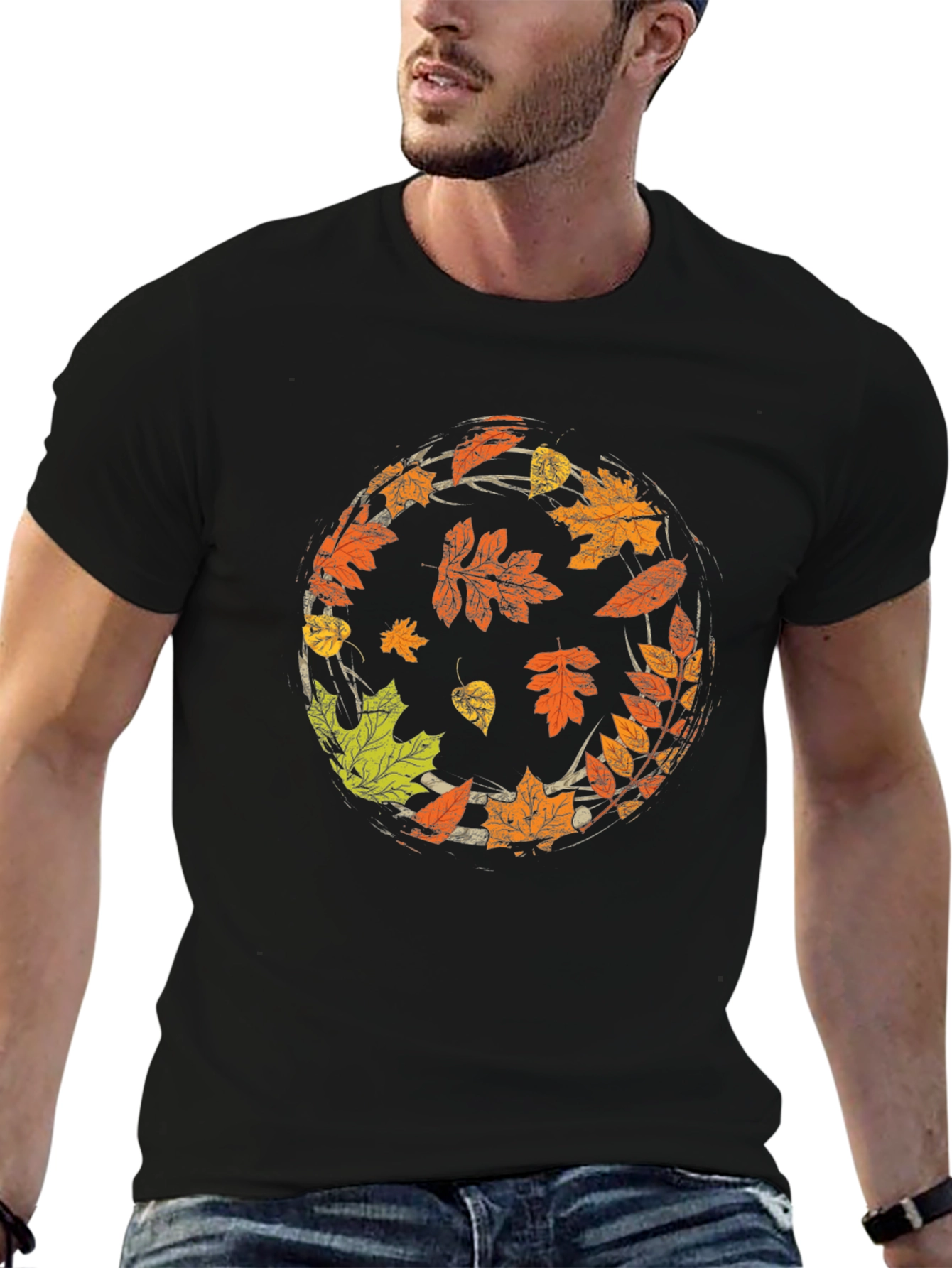 Autumn Leaves Circle Graphic Black T-Shirt