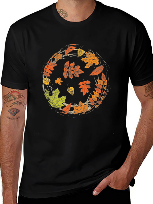 Autumn Leaves Circle Graphic Black T-Shirt