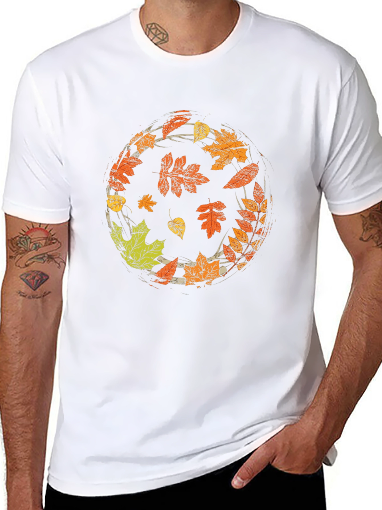 Autumn Leaves Circle Graphic Black T-Shirt