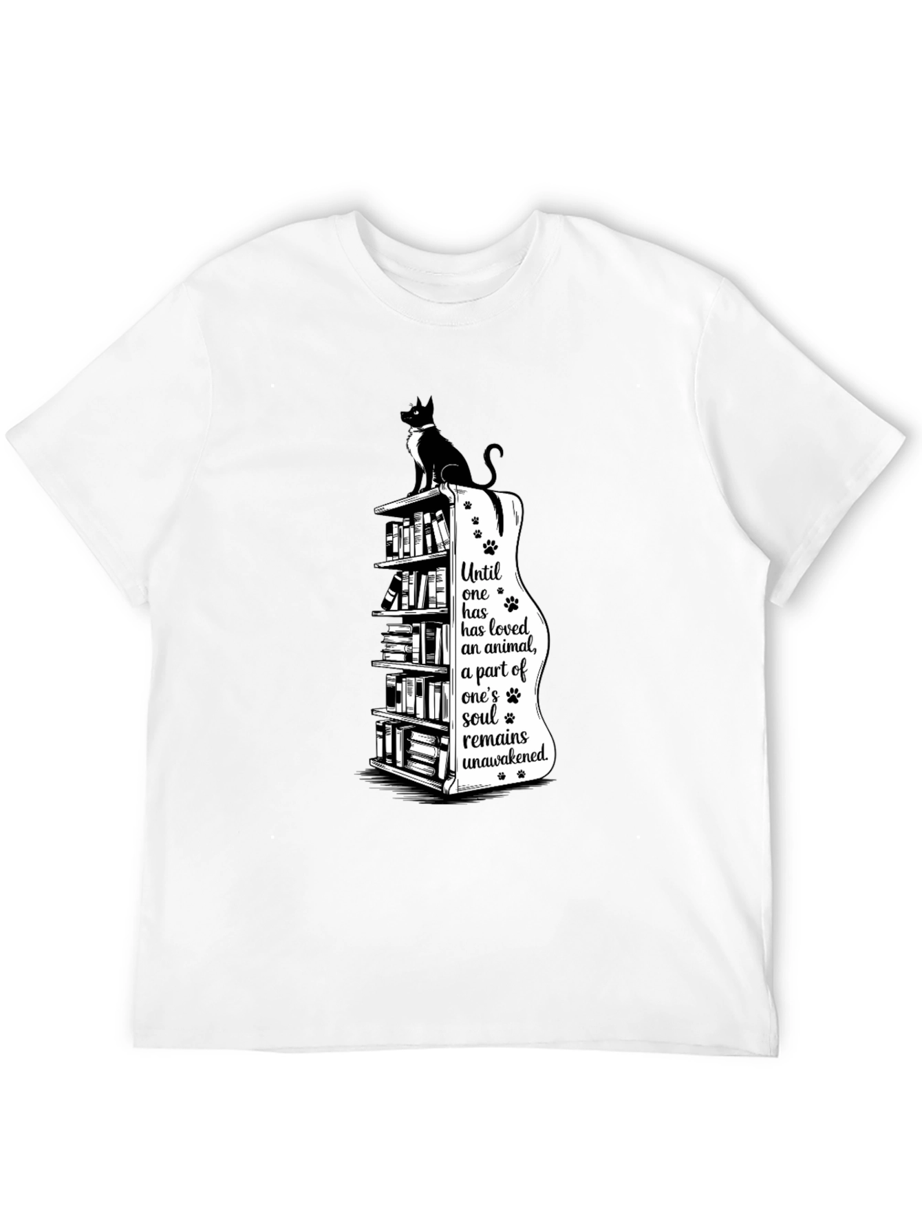 Cat Lovers T-Shirt: Bookcase & Soul Quote