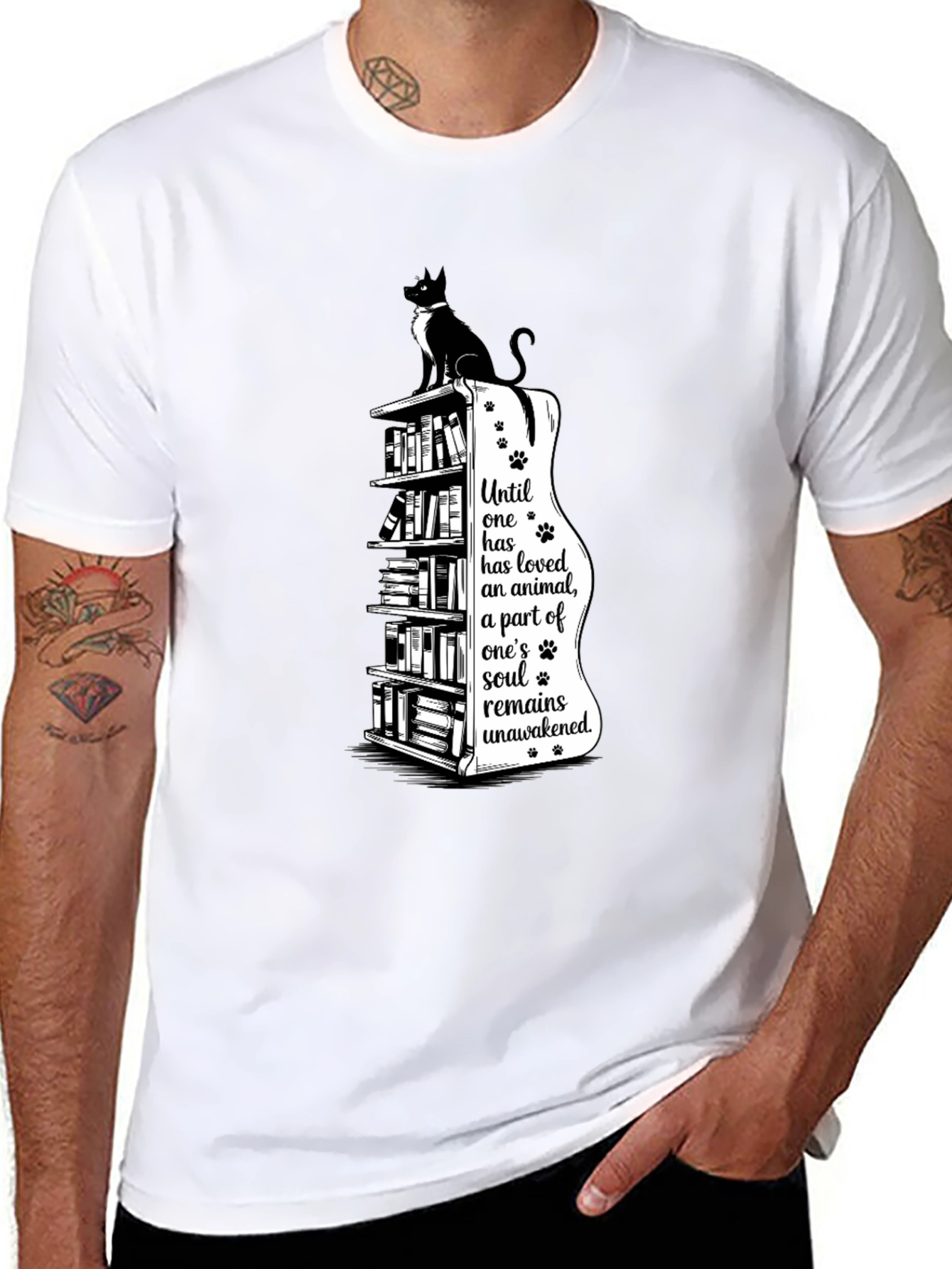 Cat Lovers T-Shirt: Bookcase & Soul Quote