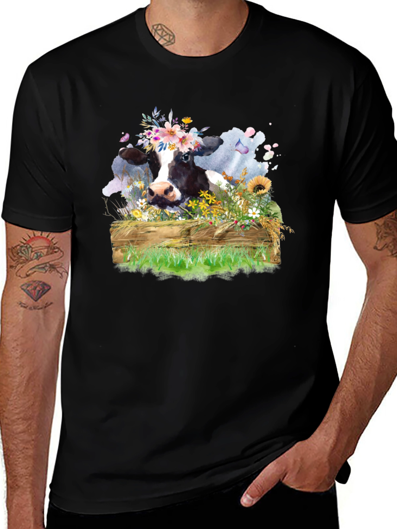 Floral Cow Graphic Tee - Unisex Black T-Shirt