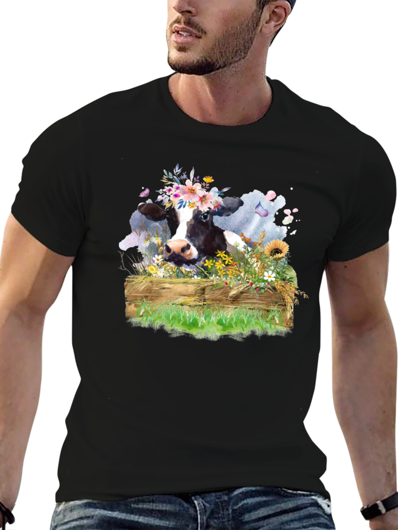 Floral Cow Graphic Tee - Unisex Black T-Shirt