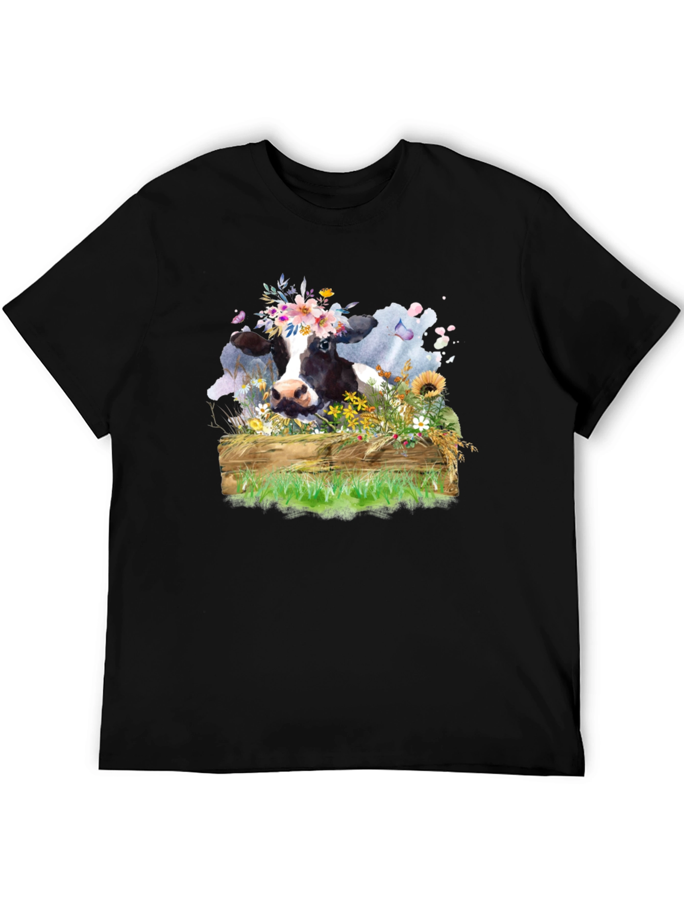 Floral Cow Graphic Tee - Unisex Black T-Shirt
