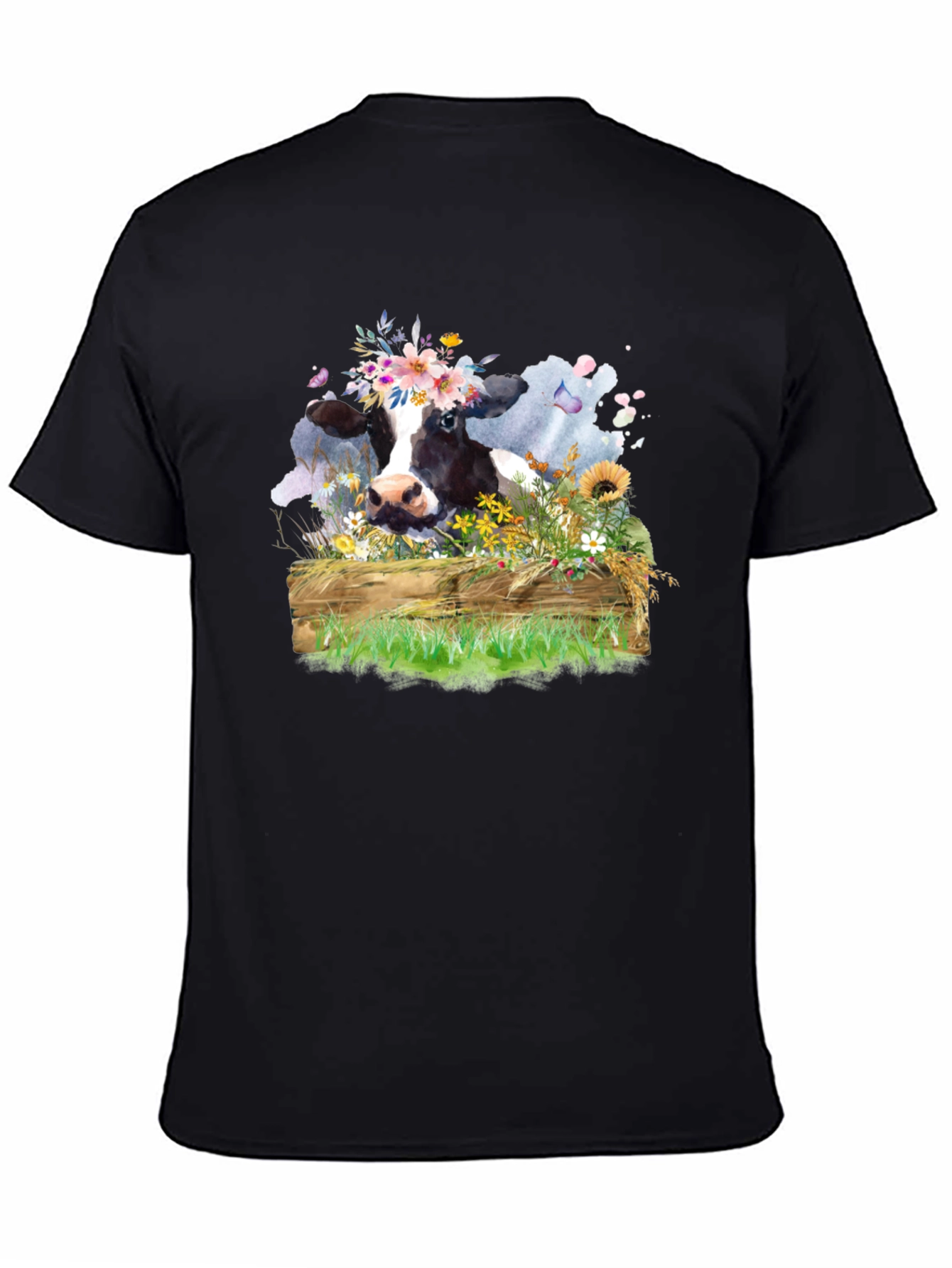 Floral Cow Graphic Tee - Unisex Black T-Shirt