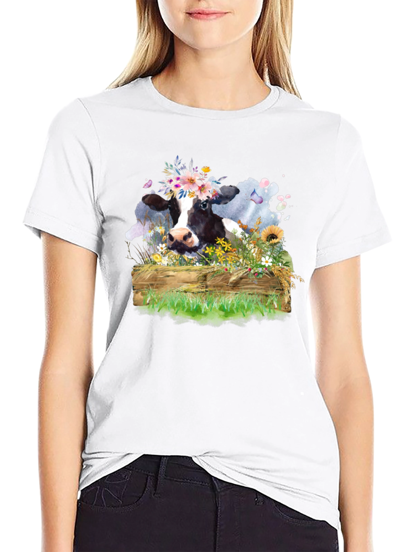Floral Cow Graphic Tee - Unisex Black T-Shirt
