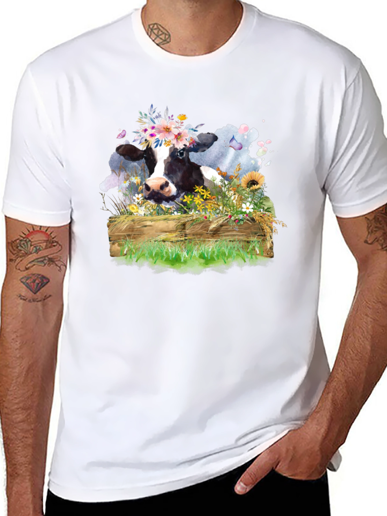 Floral Cow Graphic Tee - Unisex Black T-Shirt