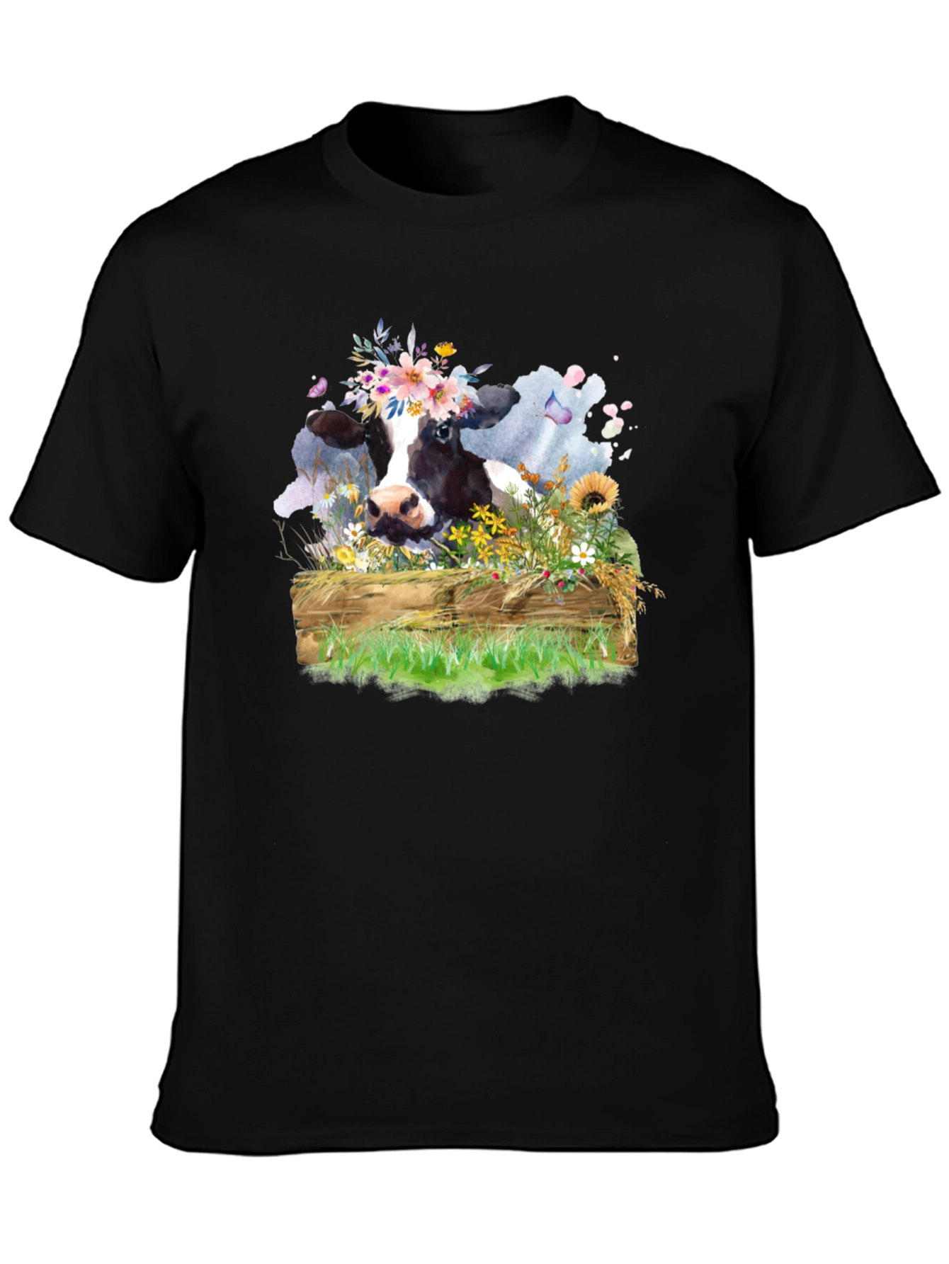 Floral Cow Graphic Tee - Unisex Black T-Shirt