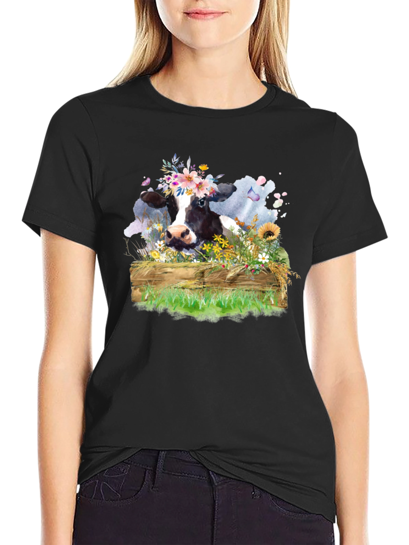 Floral Cow Graphic Tee - Unisex Black T-Shirt