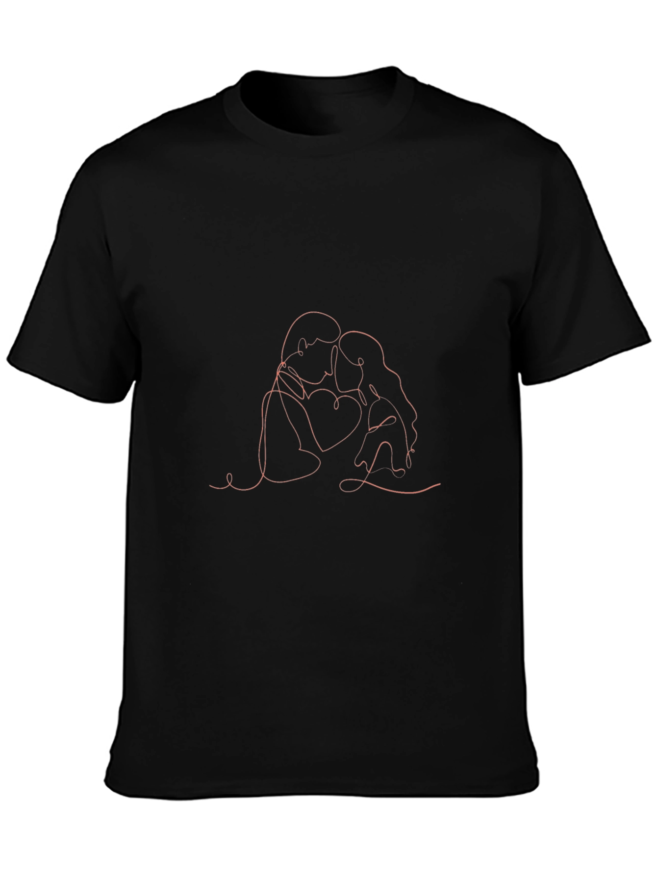 Romantic Embrace Line Art Black T-Shirt